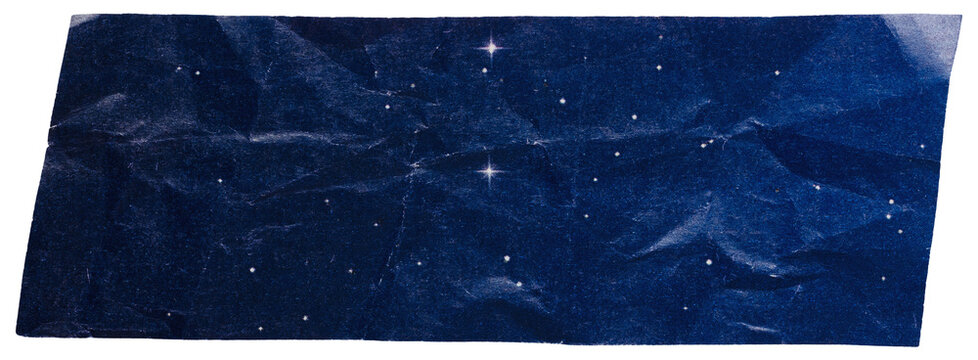 Crumpled navy blue cut out strip of paper with star print isolated for collage and scrapbooking