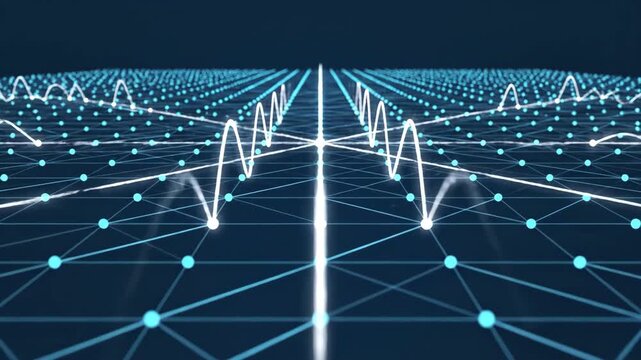 Complex network connections and data flow visualized through futuristic digital landscape with intersecting lines and nodes