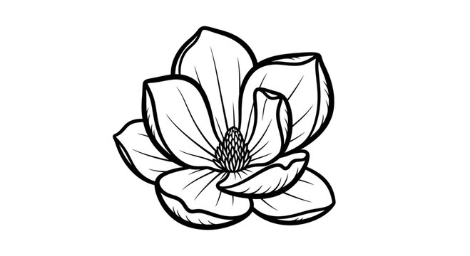 Elegant black and white botanical illustration of a blooming magnolia flower design element for