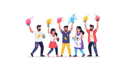 Fototapeta premium Diverse Group of Friends Celebrating Festival of Colors with Joyful Expression and Powder Splashes