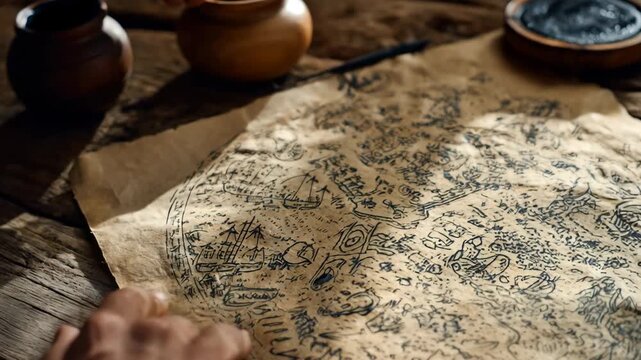 Medium shot of a hand sketching a whimsical map filled with playful icons and imaginative landmarks on aged parchment paper.