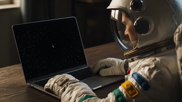 An astronaut in a spacesuit, uses a laptop with a rocket launch on the screen