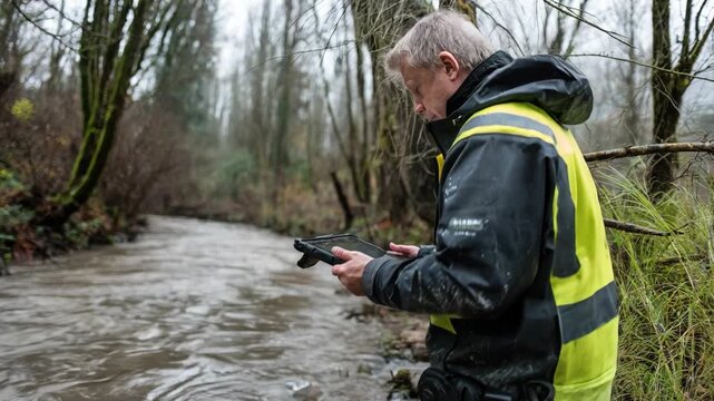 Medium shot of a specialist analyzing floodplain mapping data on a digital tablet in a river basin environment highlighting floodrisk zones and water flow patterns.