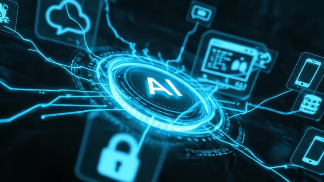 Futuristic visualization of artificial intelligence technology powering a global digital network and secure data processing systems