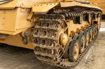 Armored Military Vehicle Track Detail Close Up Of Heavy Tank Suspension System