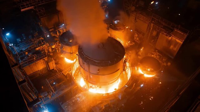Medium shot capturing gasification process in a wastetoenergy facility highlighting gasifier reactors and glowing hot chambers.