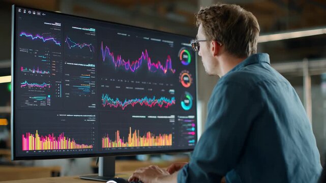 Medium shot of a professional analyzing colorful occupancy rate reports on a tablet to optimize office space utilization and improve facility management.