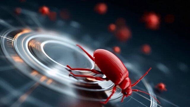 Abstract red bug crawling on glowing digital circular interface representing cyber security threat and software glitch in data processing