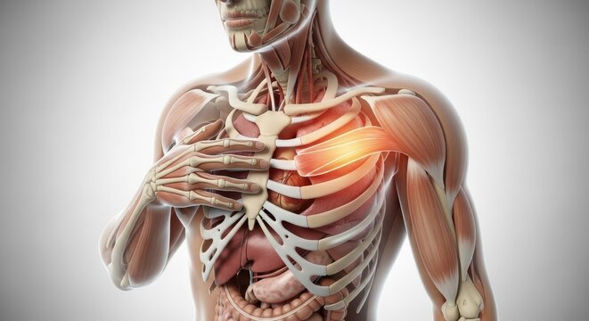 Anatomy illustration with chest pain and inflammation highlighted in red for educational use 3d rendering on white background human body skeletal system pain in chest