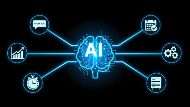Artificial Intelligence brain diagram with glowing network connections linking various functional icons, symbolizing machine learning, data analysis, automation, and future technology development