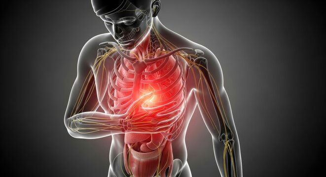 Heart pain anatomy disease chest pain man suffering from heart attack human body internal organs skeleton model on gray background concept of medical health care illustration