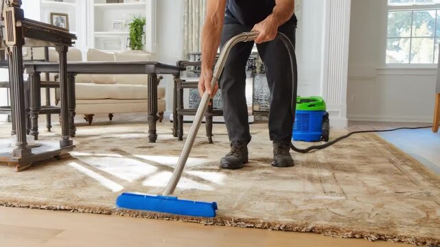 Cleanup crew member performing water removal on a carpeted floor using advanced equipment to combat water infiltration and prevent mold.