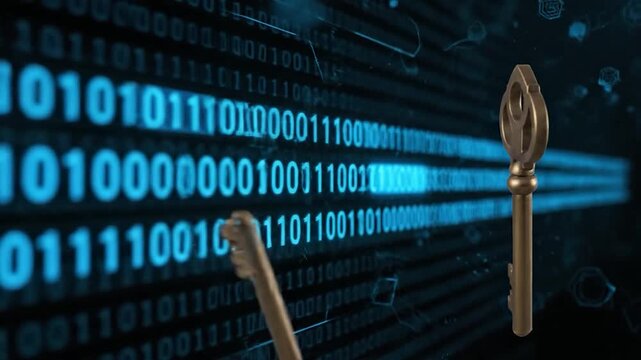 Antique keys over a background of digital binary code, suggesting data access