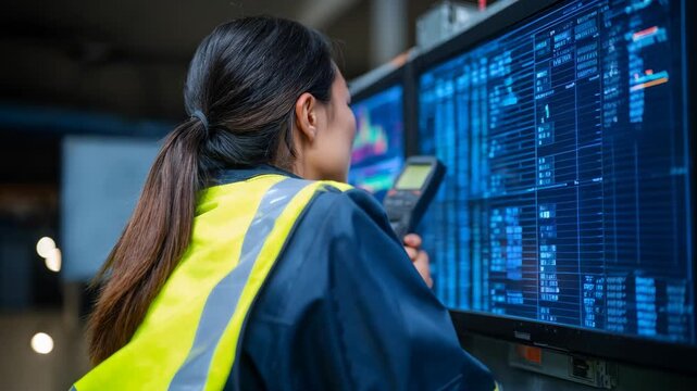 Medium shot of a warehouse worker using a handheld scanner to update an automated inventory system with digital screens displaying realtime stock data