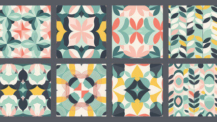 Set of eight vibrant abstract floral and geometric seamless patterns. © Nabih