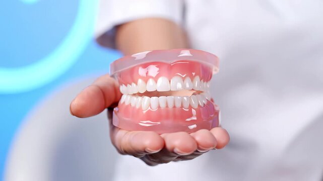 Close-up of a dentist's hand holding a dental mold with dentures against a blue background, concept for dental clinic marketing, oral health education and prosthetic treatment advertising