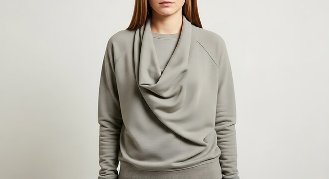 A woman wearing a gray long-sleeved shirt with a draped neckline stands against a plain background.