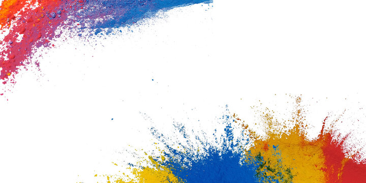 Colorful powder paint explosion frame border png with transparent background, vibrant red blue and yellow dust splash corner composition for holi festival design, creative banner, and abstract graphic