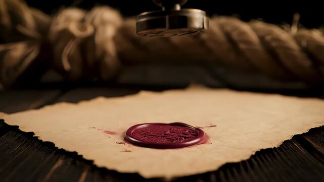 Vintage wax seal impression on old parchment paper with stamp ready to press, concept for official document notarization, historical contract signing and legal certification