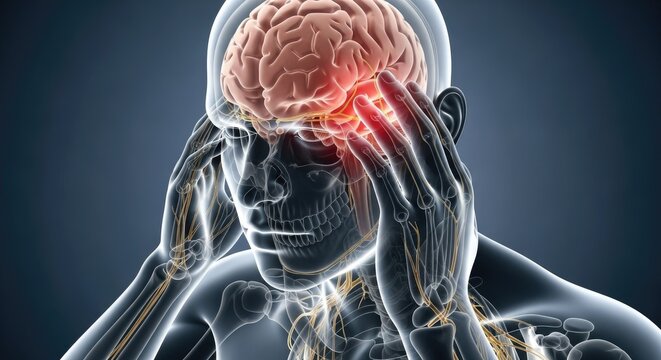 Human brain suffering from stroke anatomical illustration of nervous system and inflammation brain disorder medical health care concept with red glow spot 3d render