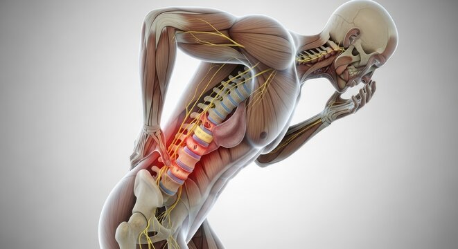 Anatomical Illustration of Human Back Pain with Muscle and Skeletal System Highlighted in Red Showing Inflammation on Gray Gradient Background Medical Diagnostic Concept 3d Rendering