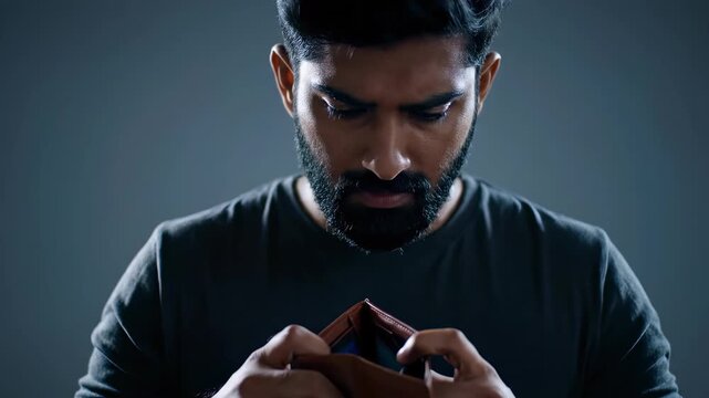Disappointed businessman opening empty brown leather wallet in dark environment, concept for financial struggle presentation, debt counseling advertisement and poverty awareness campaign