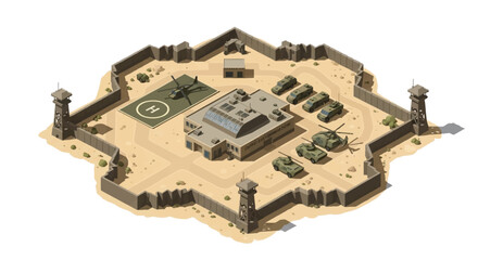 Isometric illustration of an American military base with a central building, surrounded by a wall and featuring military tanks and aircraft on a sandy terrain with a helicopter pad. © Rizqi