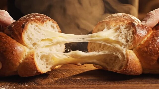 Tearing apart a freshly baked cheesy bread loaf on a wooden surface.