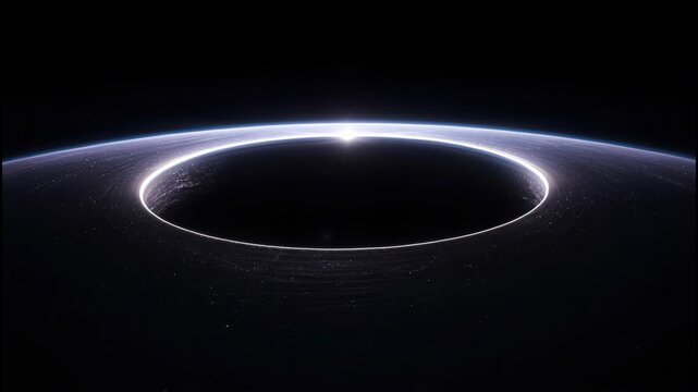 Glowing ring of light above dark planet horizon sunrise with ethereal cosmic glow and serene