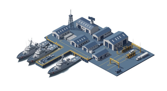 Isometric illustration of an American military base with various military aircraft, tanks, and ships, showcasing a military building and transportation vehicles on a blue and gray