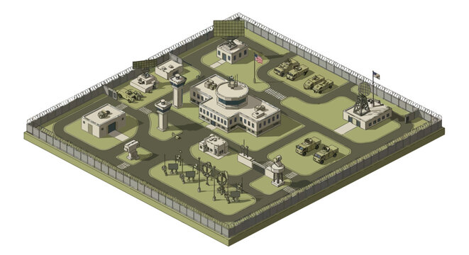 Isometric illustration of an American military base with various buildings, tanks, and aircraft on a green terrain, surrounded by a fence.