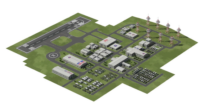 Illustration of an American military base with various military buildings, aircraft, and tanks on a green field, showcasing transportation and design elements.