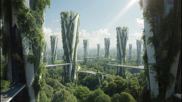 Futuristic tower vertical garden vine covered towers with elevated walkway green architecture eco