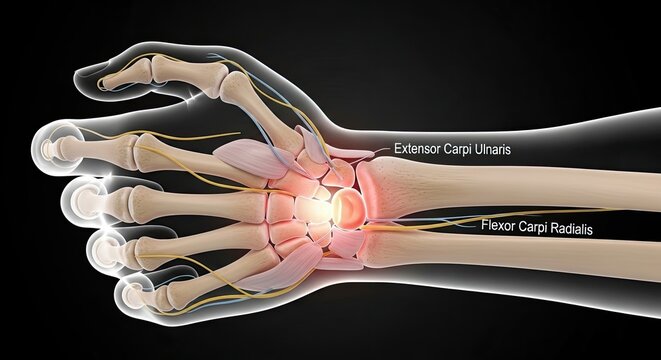 Wrist Pain Anatomy Showing Flexor Carpi Ulnaris and Radialis Tendons Skeleton Muscular System Ligaments and Nerves Hand Joint Bone Injury Inflammation Medical Illustration