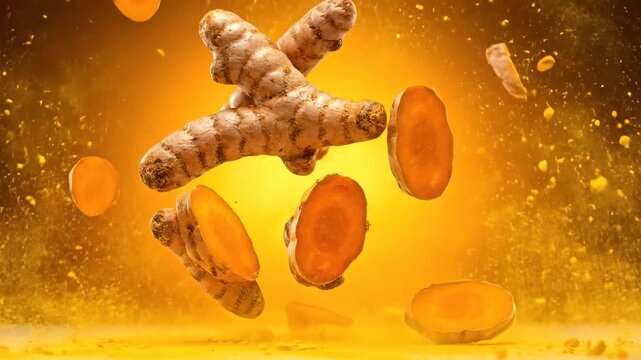 Whole and sliced fresh turmeric rhizomes suspended mid-air with vibrant yellow powder explosion, concept for spice packaging design, health supplement advertising and organic food blogging