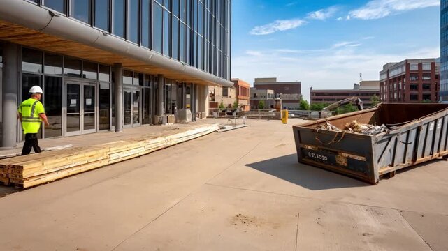 Medium shot of a leased large dumpster securely placed beside an office building highlighting longterm debris disposal for ongoing construction projects.