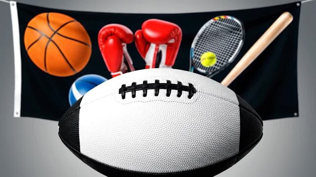 Assortment of sports equipment with a football in focus and a flag in the background