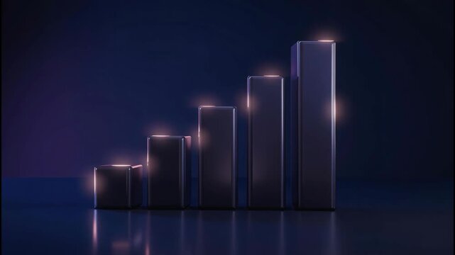 Shiny ascending bar chart dark reflective surface modern glossy metallic columns with soft glow