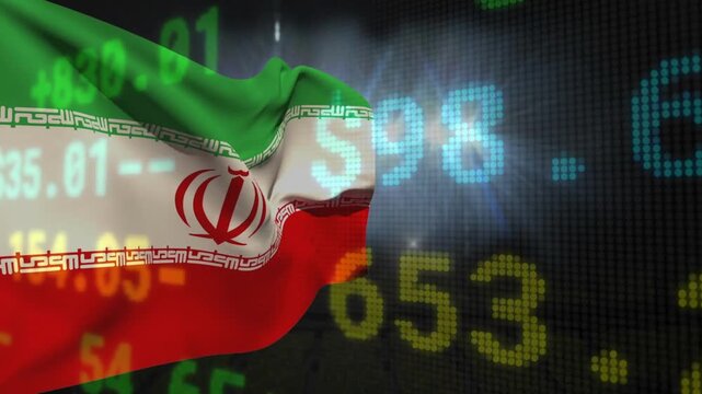 On load Iranian flag appearing, waving while faint numbers fading, shifting to show market updates