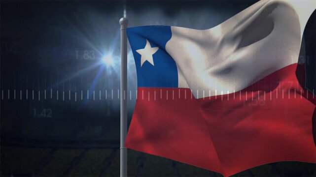 Flag waving and billowing in stadium, gusts and waveform peaks driving motion to visualize data