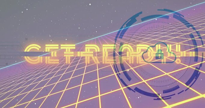 Incoming glitch blocks sliding, neon GET READY! wordmark fragmenting, restoring, highlighting HUD