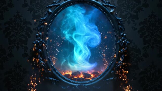 Mystical blue smoke rising from glowing embers in an ornate dark antique mirror on damask wallpaper, concept for dark fantasy design, magic theme illustration and horror movie backdrop