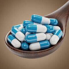 Many blue and white medical capsules neatly filling a rustic wooden spoon on a soft neutral background with ev