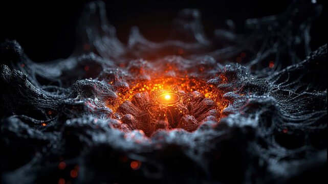 Glowing mechanical core textured mesh with warm orange light and intricate mechanical detail