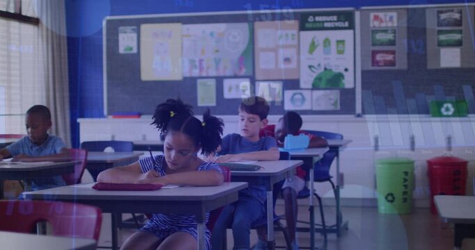 Front girl writing in class, camera panning left, overlays crossing notebooks, peers finishing work