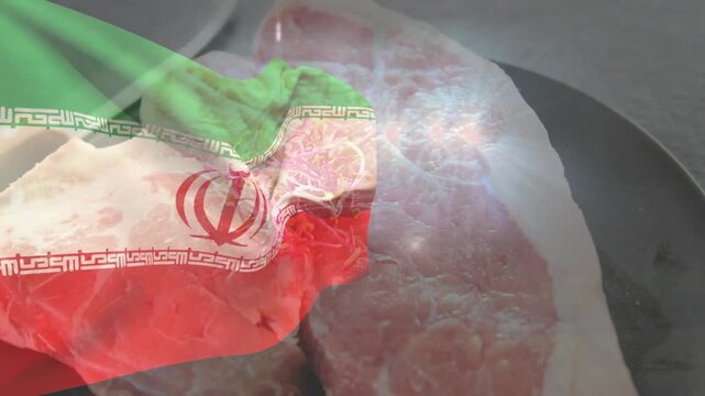 3D Iranian flag appearing over raw steaks on black pan, waving, pulsing sparkle, showing Iran theme
