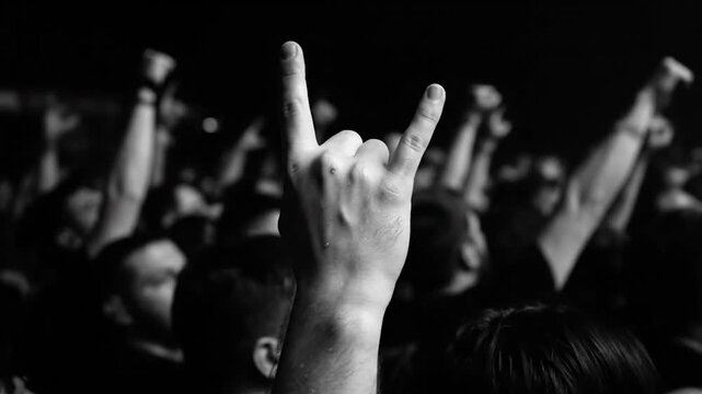 Black and white photo of a hand with the "horns" gesture at a concert