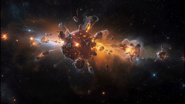 Exploding asteroid cluster exploding into fiery debris and glowing cosmic light deep space starfield