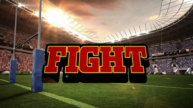 Teal particle burst popping and sparking 3D FIGHT text growing and moving forward to announce match