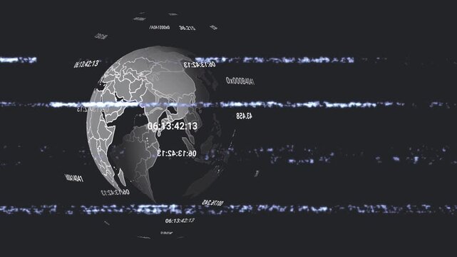 Glitch bands sweeping, stylized 3D globe rotating, floating codes orbiting to visualize live data